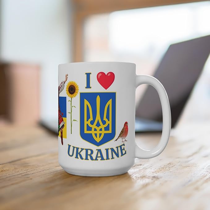 I Love Ukraine 15 oz Coffee Mug - Gift - Christmas Birthdays Gift; Tea Cup (White Handle)