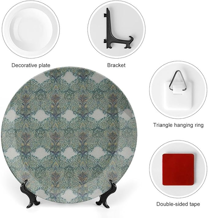 Geometric Ikat Forest Floral Fashion Plates of 6", 7", 8", 10", Custom Christmas Design Ceramic Hanging Decorative Plate Gifts Office Kitchen Decorations Table, with Display Stand And Hook Up