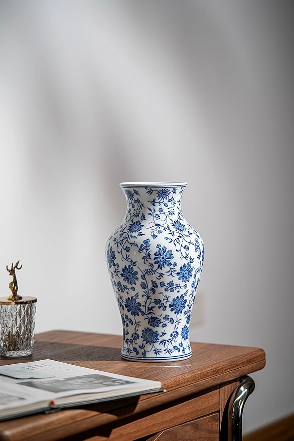 Blue and White Porcelain Décor, Blue and White Vase, Blue Vase, Chinoiserie Vase, Blue and White Ginger Jar Vase for Home Decor,Flower Vase,11" H