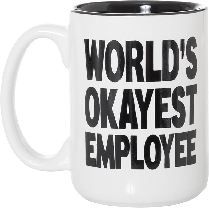 Artisan Owl World's Okayest Employee Mug - 15oz Large Ceramic White Funny Coffee Cup with Black Interior for Boss, Coworker & Manager - Office Humor & Employee Appreciation Present