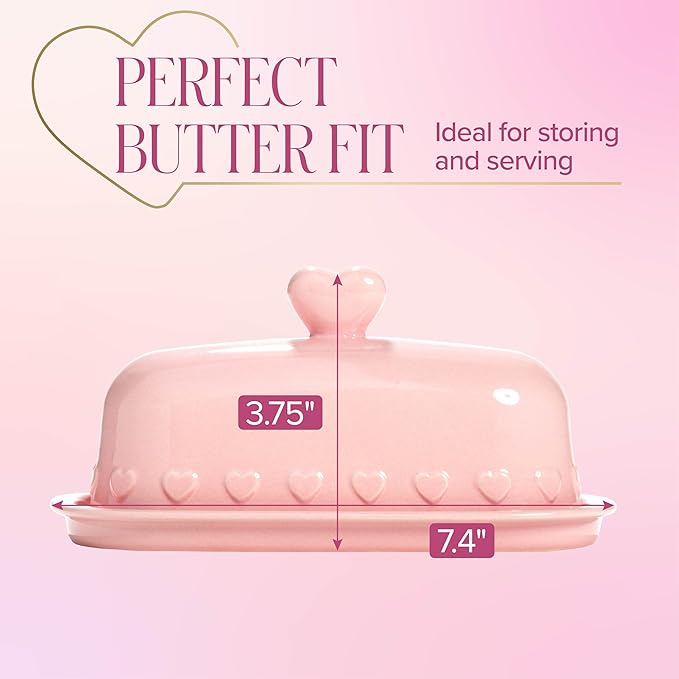 Paris Hilton Heart Knob Butter Dish, Iconic Stoneware With Heart Detailing, Microwave Safe & Dishwasher Safe, 2-Piece Set, Pink