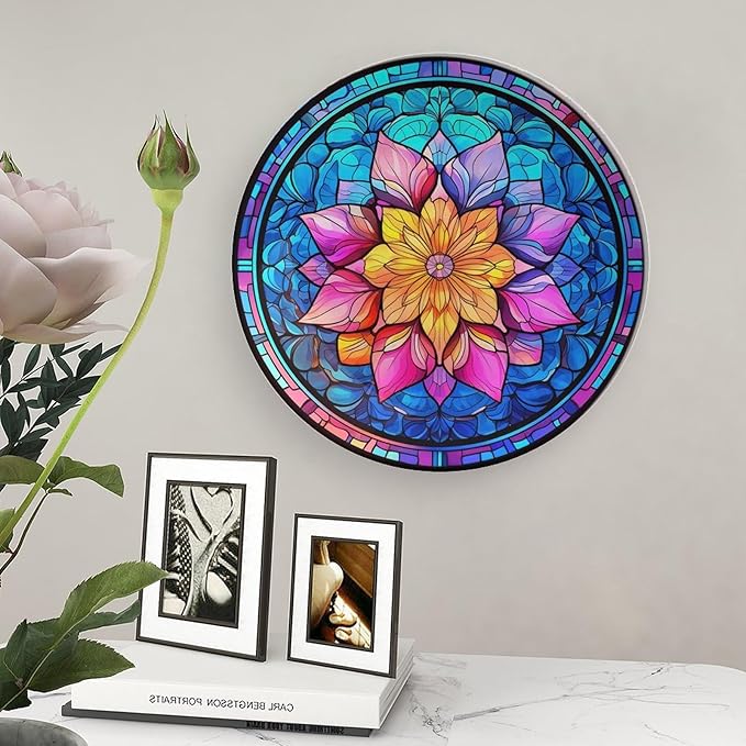 Decorative Plates, Boho Flower Stained Glass Design Ceramic Dinner Plate Home Wobble-Plate with Display Stand, Wall Hanging Decor for Dining Room Kitchen Household 8 Inch, Gifts for Family Friends