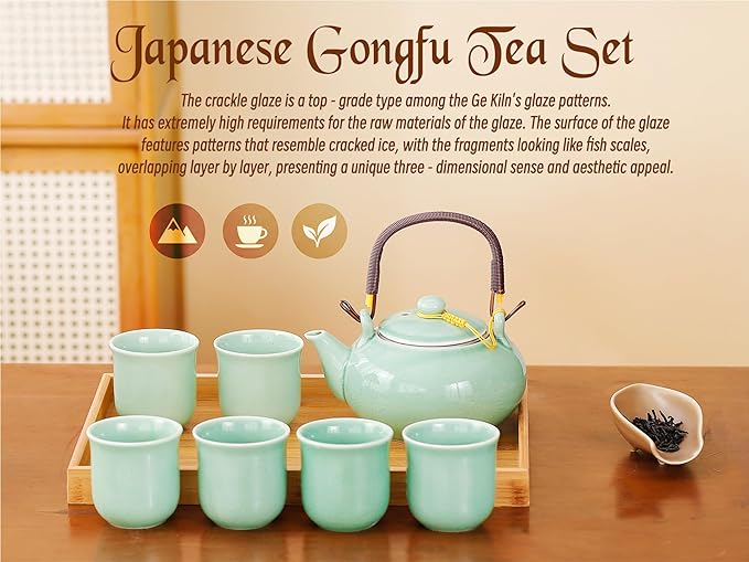 Japanese Tea Set for Adults, Japanese Gongfu Tea Set with 1 Teapot (23.5oz/700ml), 6 Tea Cups(4oz/120ml), Tea Tray & Stainless Infuser, Japanese Teapot Set Tea Gift Set (Kiln Mint Green)