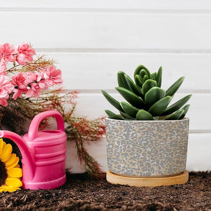 DreamAutumn Cheetah Leopard Print Animal Light Gray and Light Brown Ceramic Pots for Plants with Drainage Holes Round Flower Pot Bamboo Tray Orchid Pot Succulents Pots for Outdoor Indoor Plants