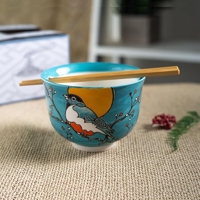 Urban Tokyo Handpainted Ceramic Glazed Japanese Ramen Udon Noodle Rice Bowl With Chopsticks 20 fl oz 5 inch Diameter Bowl Sets Color Box Packaging (Robin Bird)