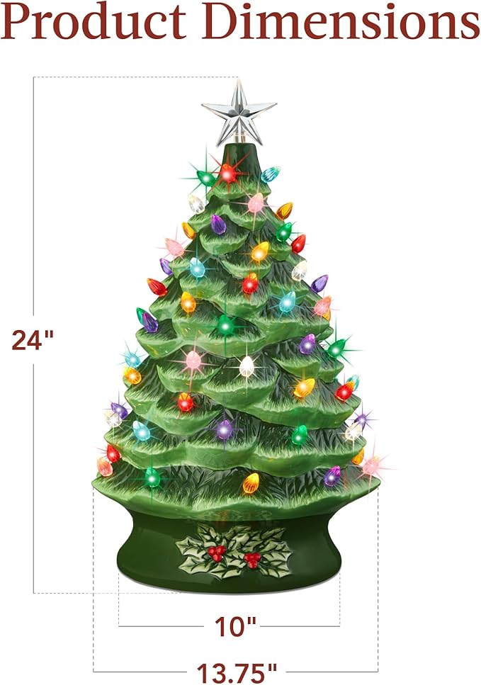 Best Choice Product 24in Extra Large Ceramic Christmas Tree, Pre-Lit Hand-Painted Tabletop XL Indoor Holiday Tree, 74 Multicolor Bulbs, LED Lights - Green