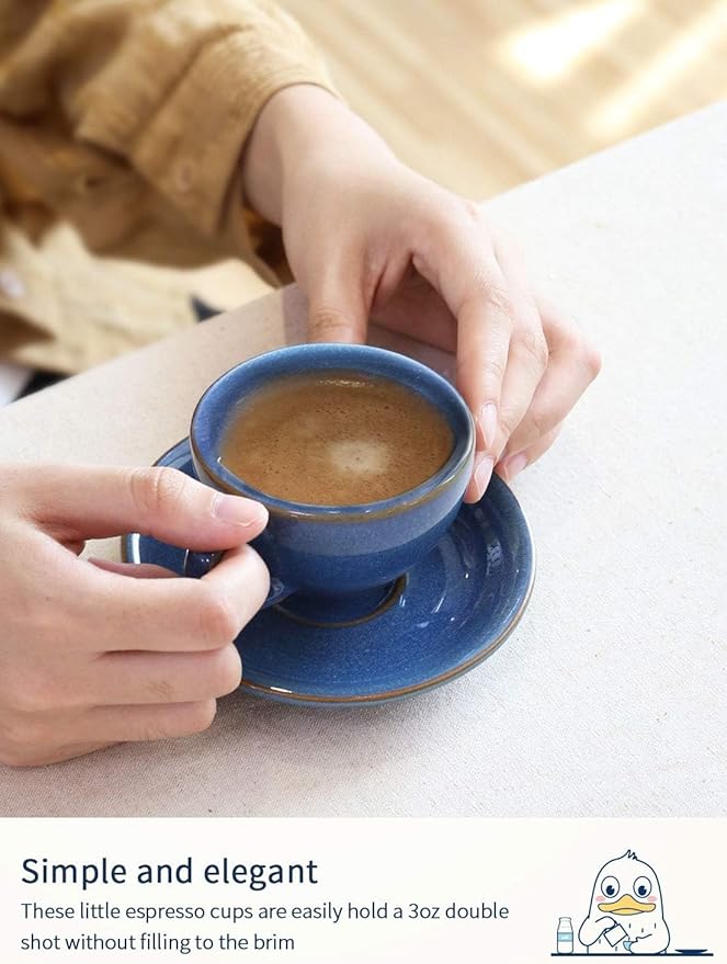 LE TAUCI Cappuccino Cups with Saucers 6 oz, Set of 4 Ceramic Coffee Cup and Saucer Set for Latte, Au Lait, Flat White, Mocha, Tea, Embossed Coffee Cups, Ceylon Blue