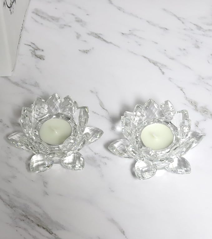 Crystal Lotus Flower Tealight Candle Holder Set of 2, Clear Glass Candlestick Holders, Pillar Votive Candle Holders for Table Centerpiece, Home Décor, Party, Wedding, Dinning