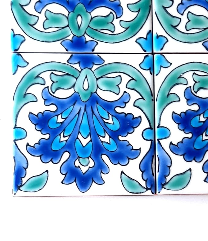 DŸARI Decorative Ceramic Tiles – Hand Painted Indoor & Outdoor Floor Tiles – Spanish Artisan Tile Top Kitchen – Mediterranean Decorative Tiles 4” × 4” – Durable Colorful Floor Tiles – 140 g (Eau V 1)