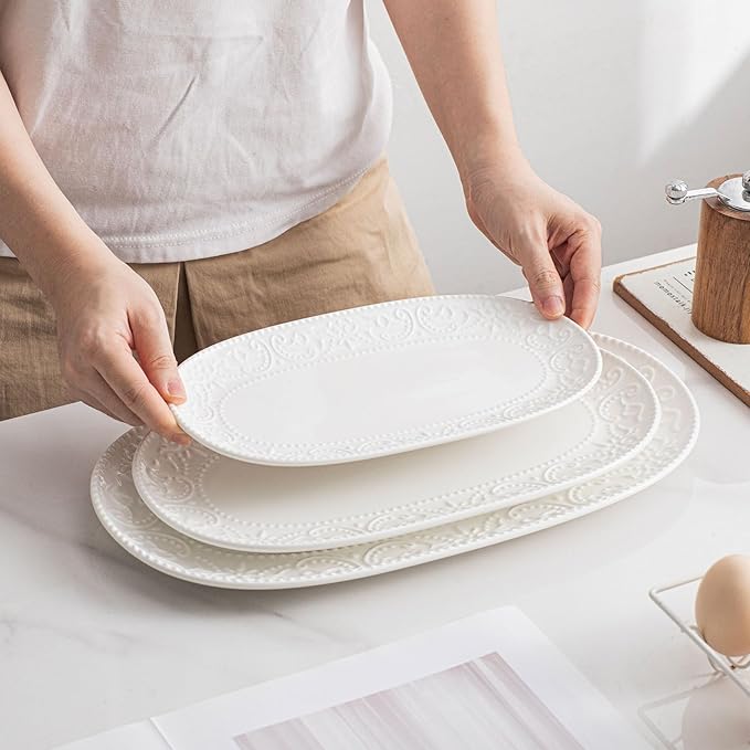 Oval Embossed Serving Platter Set, Stackable Serving Tray, Ceramics White Serving Platters for Entertaining, Serving Dishes for Wedding, Dishwasher & Oven Safe, Gift for Housewarming (3PCS)