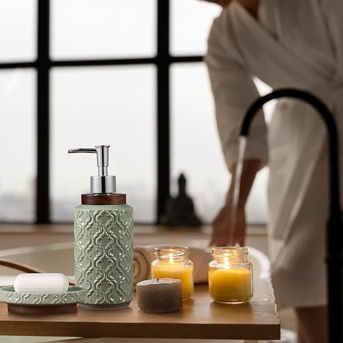 Elegant 4 PCS Ceramic&Wood Bathroom Accessories Set:Soap Dispenser,Toothbrush Holder,Tumbler,Soap Dish,Easy to Clean,Quatrefoil Pattern,Green-Affordable Luxury for Home Decor Enthusiasts