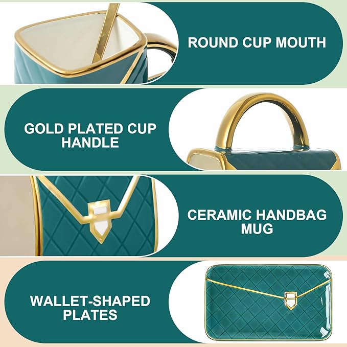 Zubebe 1 Set Coffee Mug Elegant Handbag Shaped Cup Mother's Day Modern Ceramic Purse Mug with Spoon and Saucer, 10oz Cute Creative Tea Cup for Woman Girls Gift (Dark Green)