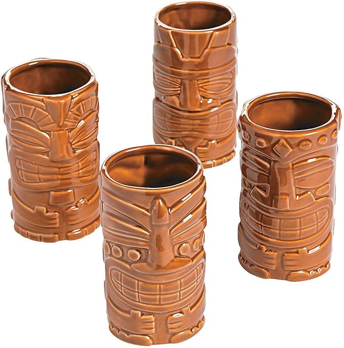 Fun Express Ceramic Tiki Tumbler Mugs (4 cup set) Luau Tropical Party Decorations