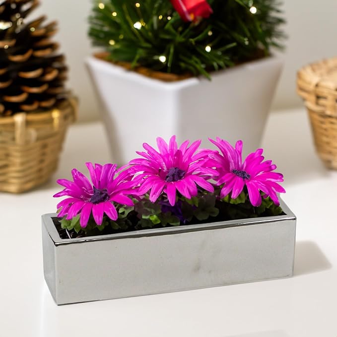 WGVI Long Rectangle Ceramic Planter Vase in Silver 14" x 4" x 4"H, Rectangular Box Block Terrarium Pot, Flower Arrangement, Tabletop Centerpiece, Home Decor Organization Storage Container, 4 Pcs
