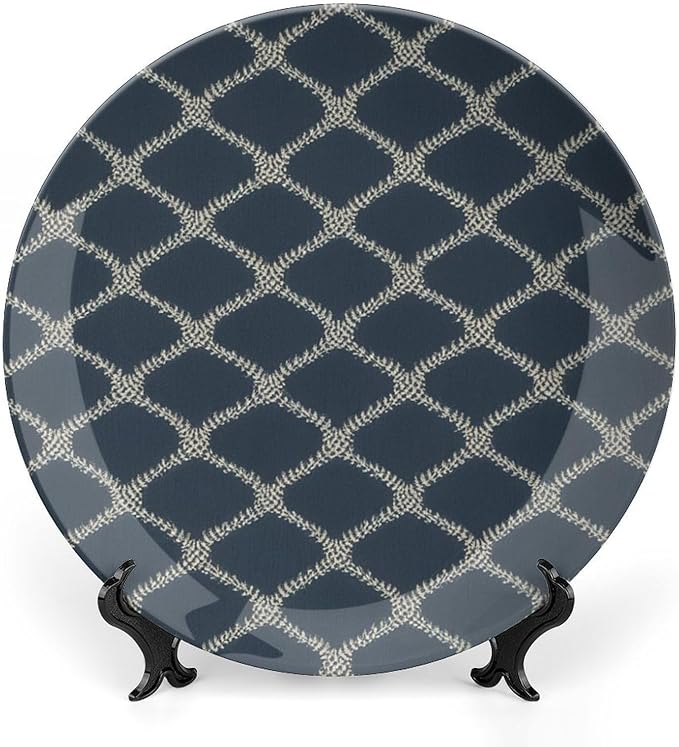 Home Decorations Ceramic Decorative Plate, Geometric Asian Check in Navy Blue Customize Christmas Gifts Porcelain Dessert Plate Set for Housewarming Gifts Household Home Decor, Including Bracket