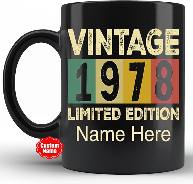 PREZZY Vintage 1978 Limited Edition 45th Birthday Decorations Personalized Gifts for Women Men Mothers Day Fathers Day Gift 45 Year Old Birthday Mug Customized Name Ceramic Black Tea Cup 11oz 15oz