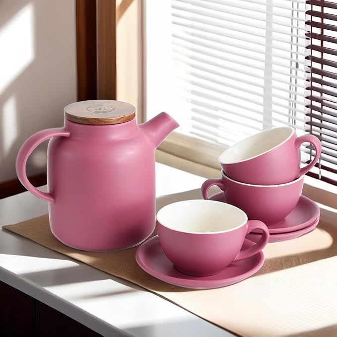 Yundu Matte Purple Cappuccino Cups Set of 4-10oz Ceramic Latte Mugs with Saucers, Elegant Espresso Cups for Coffee & Tea