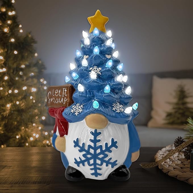 Winter Gnomes Ceramic Tree Decor, Blue Winter Decorations for Home Ceramic Tree with Light Up, Christmas Blue Gnome Lighted Figurines for Table Centerpieces Home Decor Indoor Outdoor Party