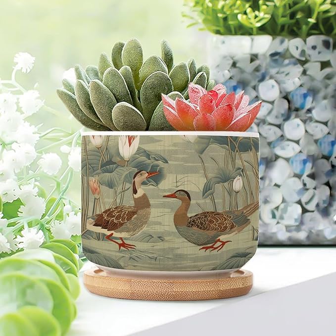 and Duck Garden Small Ceramics Planters Set of 5 Green Water Lily Chinoiserie Flower Ceramics Plant Pot with Drainage Holes and Bamboo Tray Chinoiserie Chic Planter for Succulents