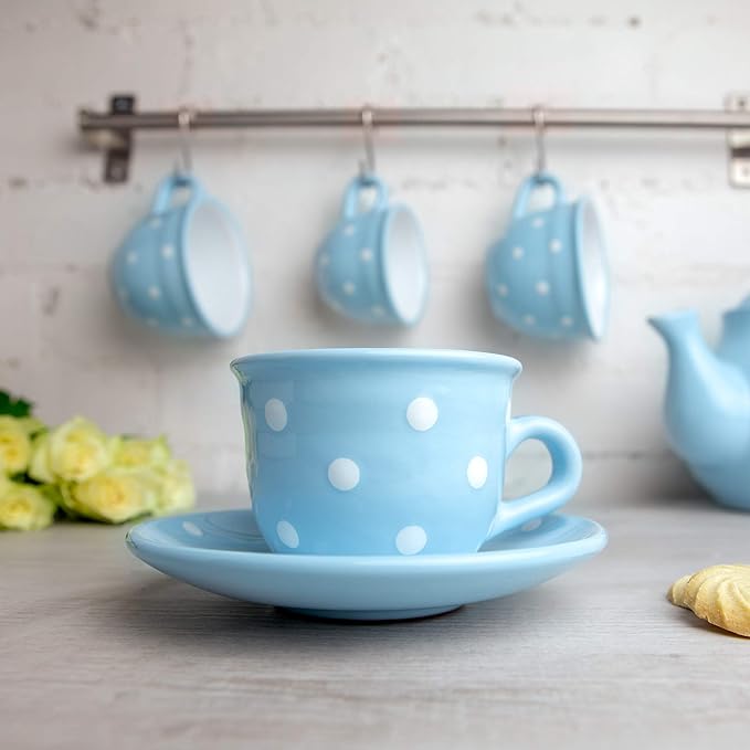 City to Cottage Handmade Light Sky Blue and White Polka Dot Ceramic 8.4oz/250ml | Cappuccino, Coffee, Tea Cup and Saucer, Unique Designer Pottery Gift for Tea Lovers