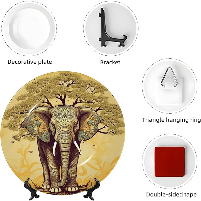 Bone China Decorative Plate with Display Asian Elephant with Tree Ceramic Plates Crafts Art Decor Dessert Plate Ceramic Ornament Porcelain Plates for Living Room Kitchen Table Home Decor