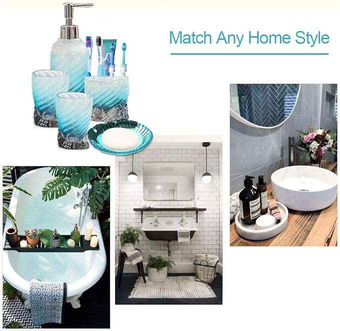 Set, 5 PCS Bath Ensemble Set Includes Soap Dispenser, Soap Dish, Tumbler, Toothbrush Holder - Polyresin Glass for Home, Office, Superior Hotel