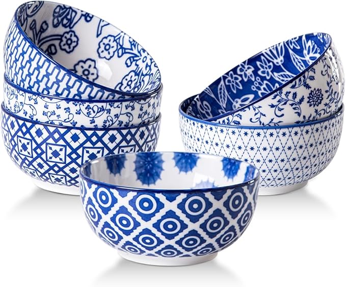 Ceramic Dessert Bowls Set - Small 11 Oz Porcelain Ice Cream Bowls for kitchen - 4.7 Inch Cereal Bowls for Salad, Fruits - Microwave Dishwasher Safe - Set of 6 - Vintage Blue