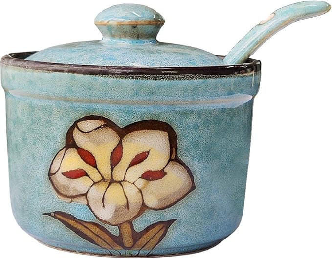 123Arts Ceramics Retro Flower Sugar Salt Pepper Storage Jar Seasoning Pot with Lid And Spoon