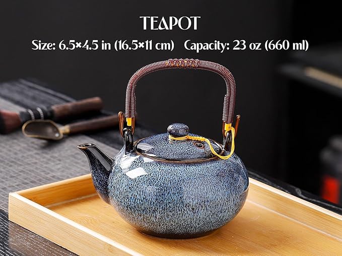 Traditional Japanese tea set, Kiln altered glaze Porcelain tea set with 1 teapot (23.5oz/700ml), 6 teacups (4oz/120ml), 1 Tea Tray,Japanese teapot set, Asian tea sets (Kiln altered Blue)