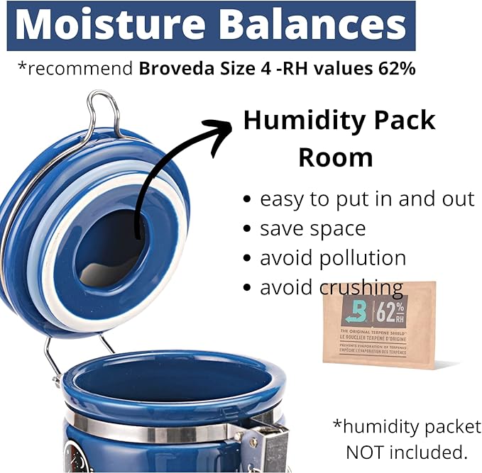 Smell Proof Jar Half Oz (250ml), Separate Space for Humidity Pack To Keep Herbs, Spices Fresh For Months - Ceramic Smell Proof Containers, Stash Jar with Clamp Lid -Double Sealed Airtight Jar -Blue