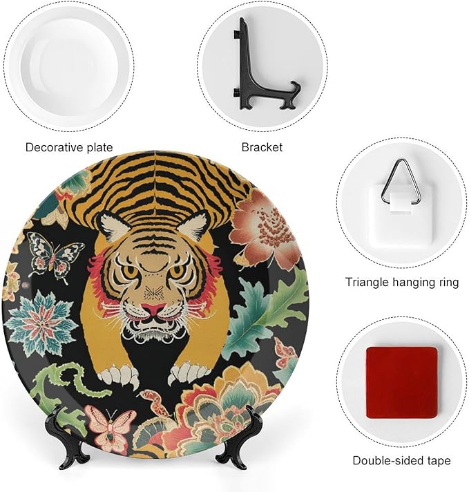 Animal Tiger Stripe Colorful Decorative Plate, Chinoiserie Tiger Custom Ceramic Ornaments Dessert Plates for Home Art Decoration Club Decor, Unique Art with Stand Art Decorations for Display Table