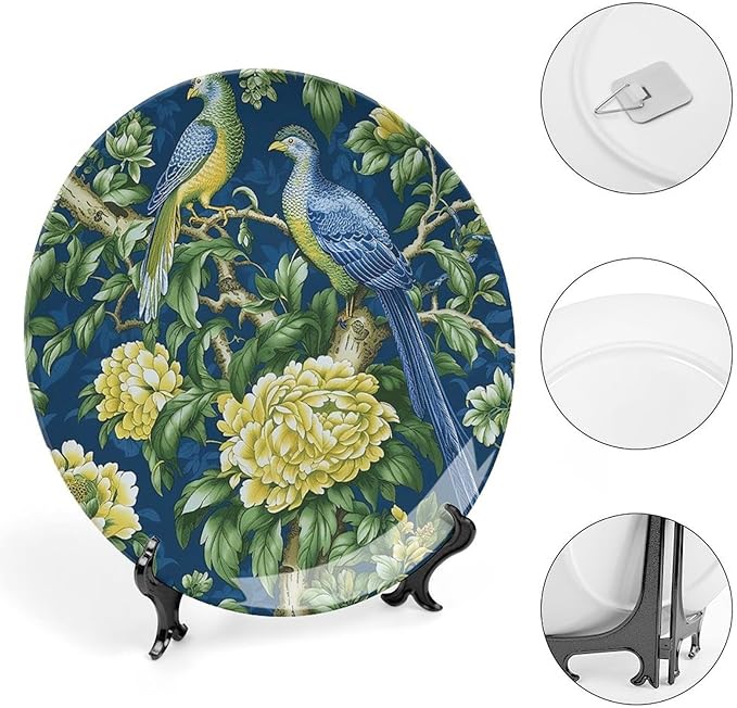 Vintage Plates Pagoda Garden Imperial Green Chinoiserie Peacock Customize Decor for Wall Display Festival Housewarming Gifts Ceramic Ornaments Dessert Plates Unique Art with Stand, Gifts