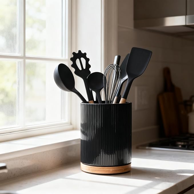 QUELIEN Utensil Holder, 360° Rotating Ceramic Kitchen Utensil Holder for Countertop, 7.7" Utensil Crock for Kitchen Counter with Rotatable Wooden Base,Ideal Housewarming Gift & Mothers Day Gift