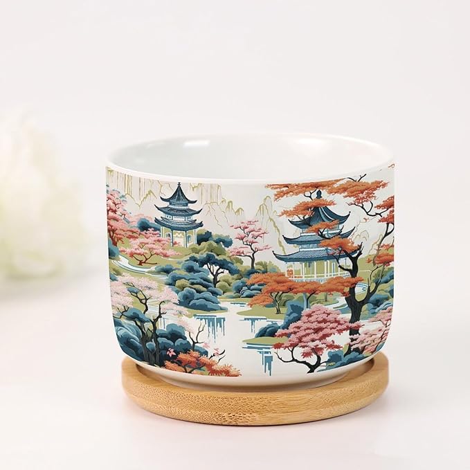 1 Piece Blue Asia Tiered Tower Coral Pink Flower Small Flowers Pots Oriental Chinoiserie Succulent Planters with Drainage Holes Chinoiserie Garden Scenery Planters Ceramic