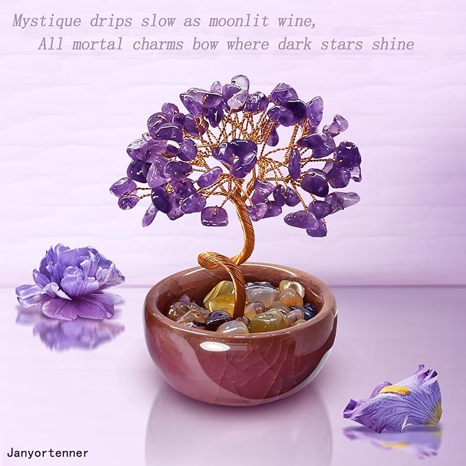Mini Amethyst Crystals Tree of Life,Mystical Energy Home Office Desk Decor,Handmade Crystal with Copper Wire and Crackle Glaze Base,Spiritual Gift