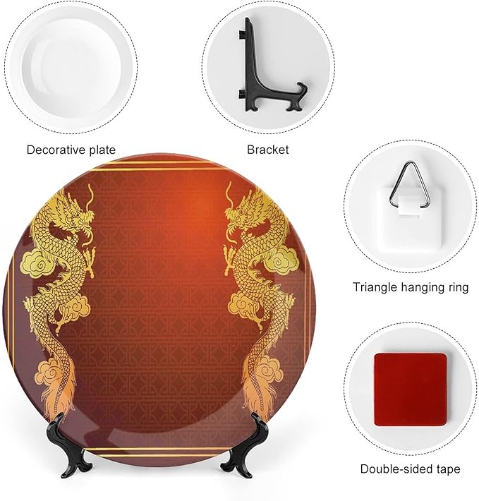 XISUNYA 8 Inch Decorative Plate, Dragon Round Porcelain,Chinese Historical Asian Eastern Motif Legendary Creature Print Ornament Display Plate Decor Accessory for Dining, Parties, Wedding