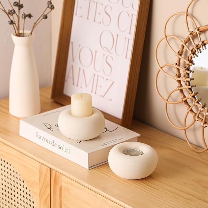 Tea Light Candle Holders, Tealight Candle Holder, Larger Ceramic Boho Votive Candleholders in Beige, Farmhouse Rustic Home Table Centerpiece Decor for Wedding, Living Room, Christmas, Parties