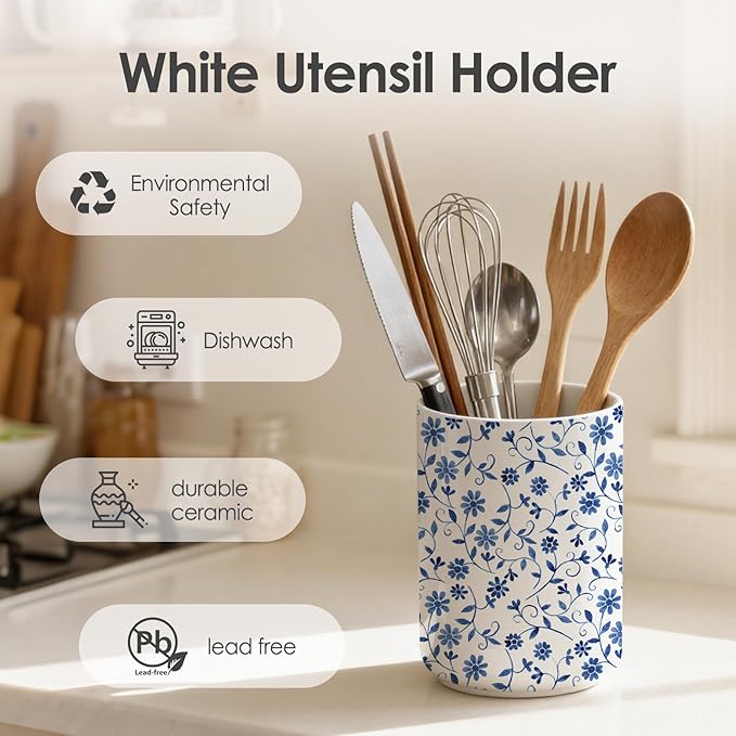 Kitchen Utensil Holder for Kitchen Countertop,Blue Ceramic Utensil Holder,Cooking Utensils Holder, Large Utensil Crock for Counter,Tool Holder,6.3"+4.7"(Blue and White)
