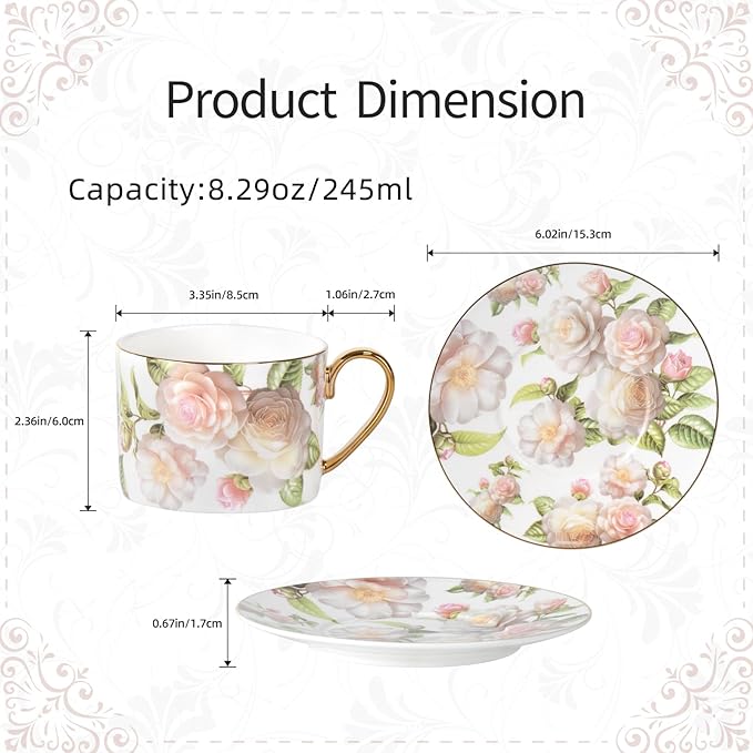 KAMMAK Tea Cups and Saucers Set of 2, Fine Bone China Coffee Cups, Stackable Espresso Mugs, Ceramic Demitasse for Coffee, Cappuccino, Latte, Americano, Tea, White Rose
