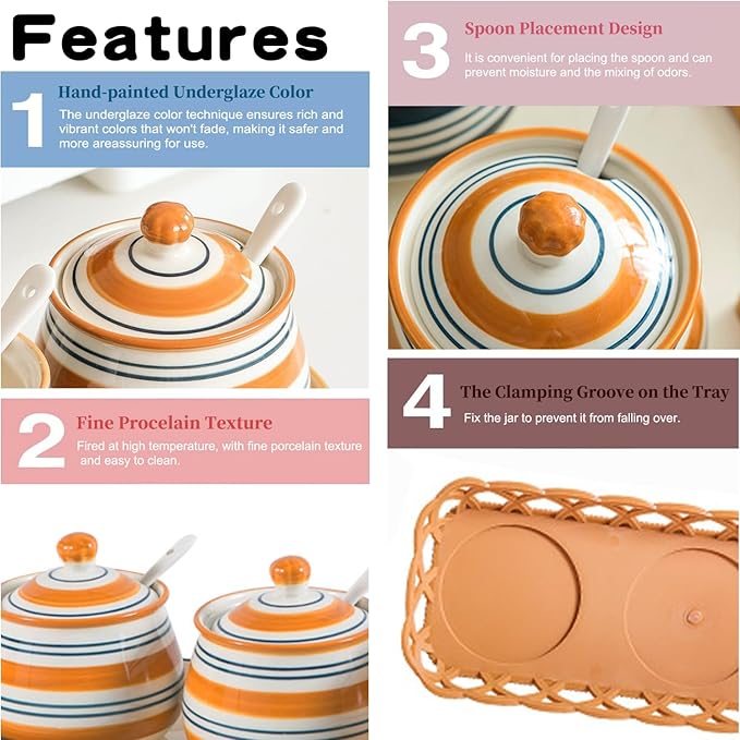 Kitchen Ceramic Condiment Jars with Lids and Spoons, 3 Piece Porcelain Seasoning Jar Set for Salt Spice Pepper Suger Bowl, Coffee Tea Container Pot with Serving Tray - Orange Round