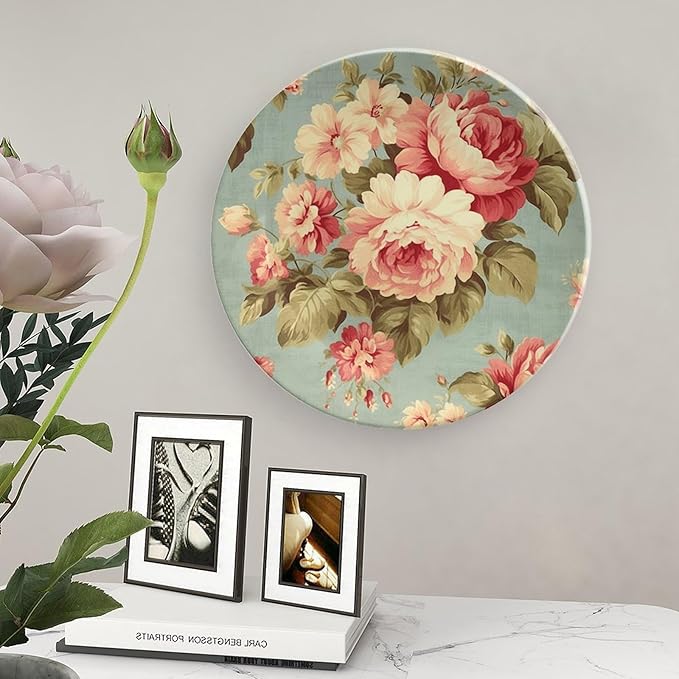 China Plates Pink Cabbage Roses Romantic Aqua Personalized Decor for Art Decoration Home Festival Wedding Ceramic Dinner Plates with Display Stand And Hook Up, Multi Sizes, Gifts for Men Women