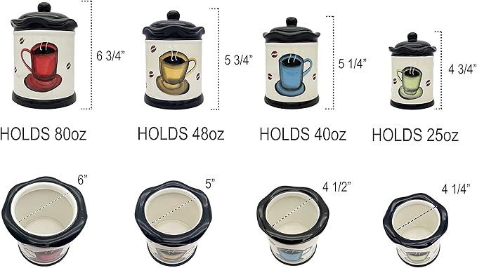 ACK Tuscany Colorful Coffee Bean Collection 4PCs Canister Set with Lid, Kitchen Storage Jar, Food Storage Container, Airtight Storage Container With Rubber Seal