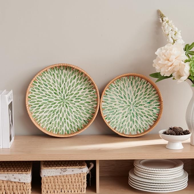 YANGQIHOME Round Serving Tray with Decorative Mother of Pearl Inlay, Woven Rattan Tray for Home Decor, Table Decor, Gifts, Dining, Food, Fruit, Coffee, 13.8 inch