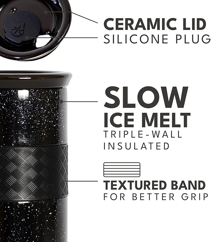 Elemental Artisan Insulated Tumbler, Triple Wall Coffee Travel Mug, Reusable Stainless Steel Coffee Tumbler with Ceramic Lid, Thermal Coffee Cups for Hot (6 Hrs) & Cold (18 Hrs), 16oz - Black Speckle