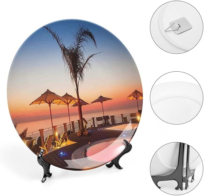 10 Inch Decorative Plate, House Decor Ceramic Craft, Summer Resort Place by the Sea at Evening Caribbean Print Ornament Display Plate for Dining Table Setting, Wedding Decoration, Christmas Tablescape