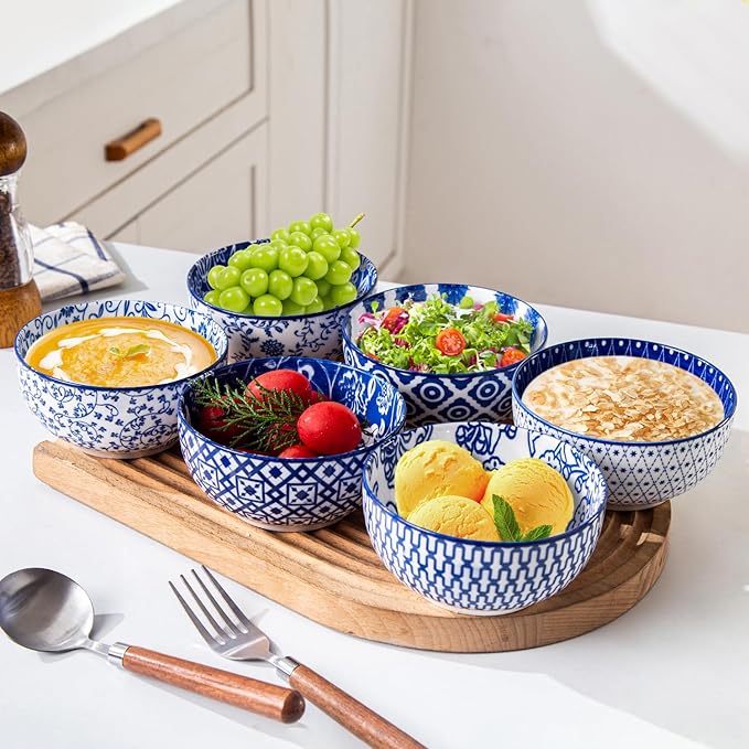 Ceramic Dessert Bowls Set - Small 11 Oz Porcelain Ice Cream Bowls for kitchen - 4.7 Inch Cereal Bowls for Salad, Fruits - Microwave Dishwasher Safe - Set of 6 - Vintage Blue
