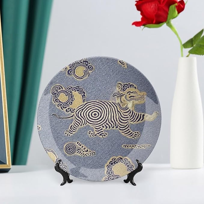Blue Tibet Tiger China Plates of 6", 7", 9", 10", Customize Chinoiserie Animals Ceramic Ornaments Dessert Plates, Farmhouse Art Decoration Decorations Kitchen, with Vertical Stand