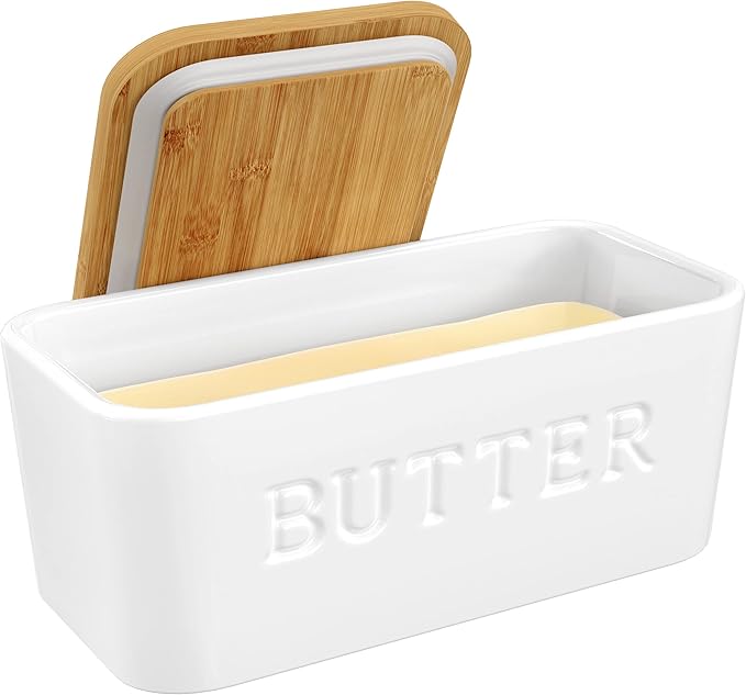 PriorityChef Extra Large Butter Dish with Lid for Countertop, Ceramic Butter Container With Airtight Cover, Butter Keeper for Counter or Fridge, Butter Holder Storage, White