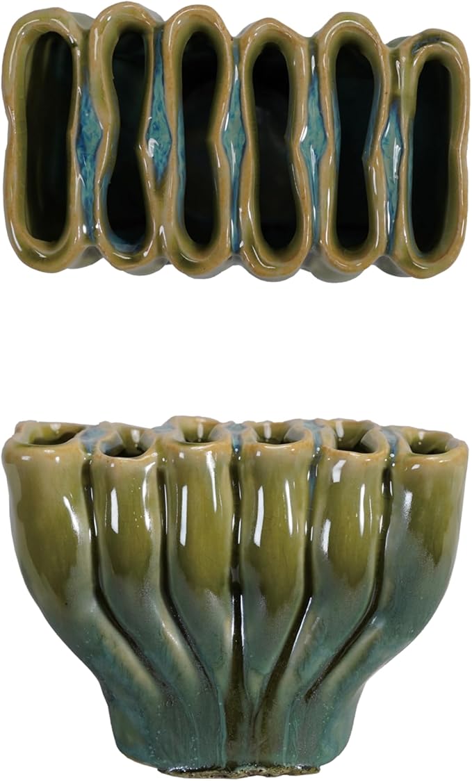 Creative Co-Op Stoneware Sculptural Vase with 6 Sections with Reactive Glaze, Green