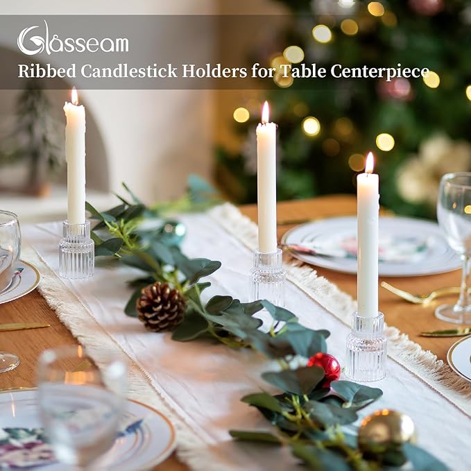 Glasseam Small Candle Stick Holder: Crystal Clear Glass Candle Holder Set of 10, Modern Taper Candle Holders for Table Centerpiece, Ribbed Tapered Candlestick Holders for Dining Room Decoration